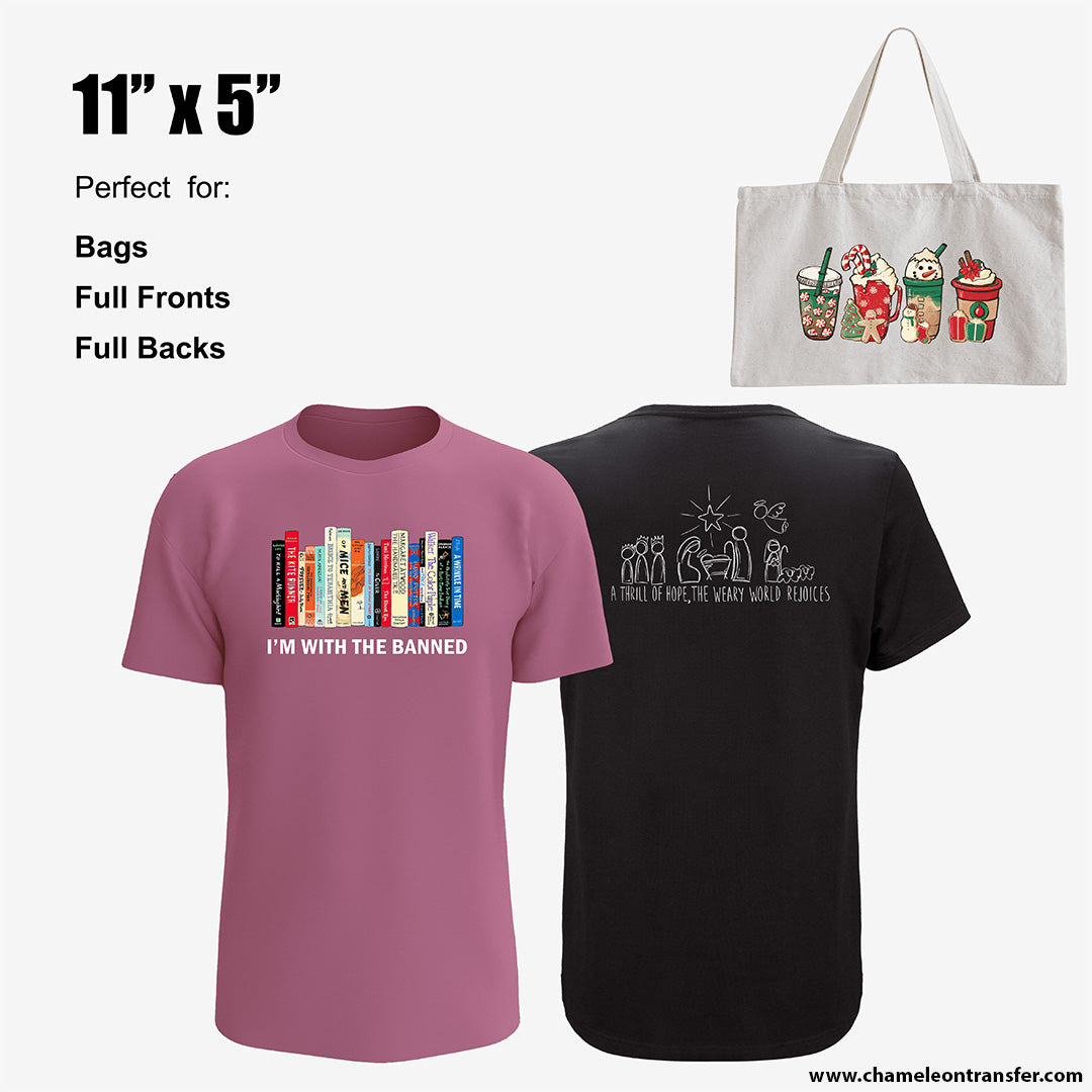 Custom printed t-shirts and tote bag featuring 11"x5" DTF print size, ideal for bag designs, full fronts, and backs.