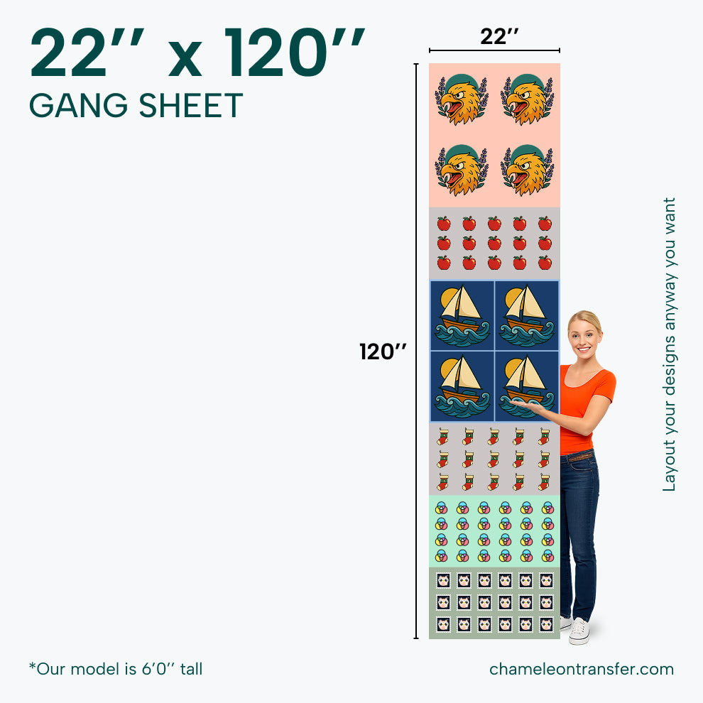 Gang sheet with various designs and a person holding it, showing its size and layout options.