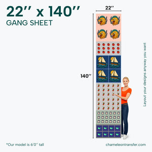 Gang sheet with various designs and a person for scale, featuring dimensions 22" x 140".
