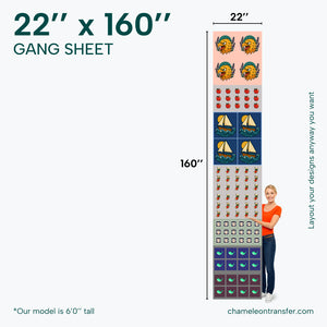 Gang sheet with various designs and dimensions labeled.