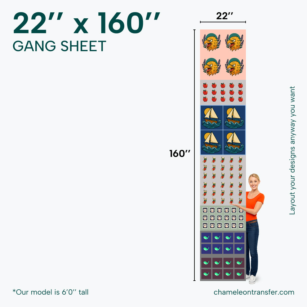 Gang sheet with various designs and dimensions labeled.