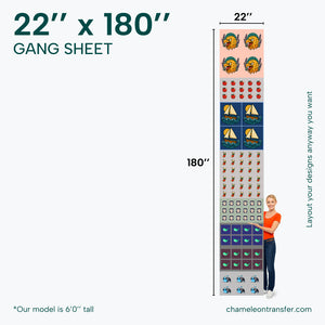 Large sheet with various designs and a person for scale, labeled '22'' x 180'' Gang Sheet'.