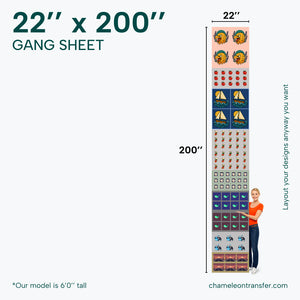 Gang sheet with dimensions 22" x 200" and examples of designs.