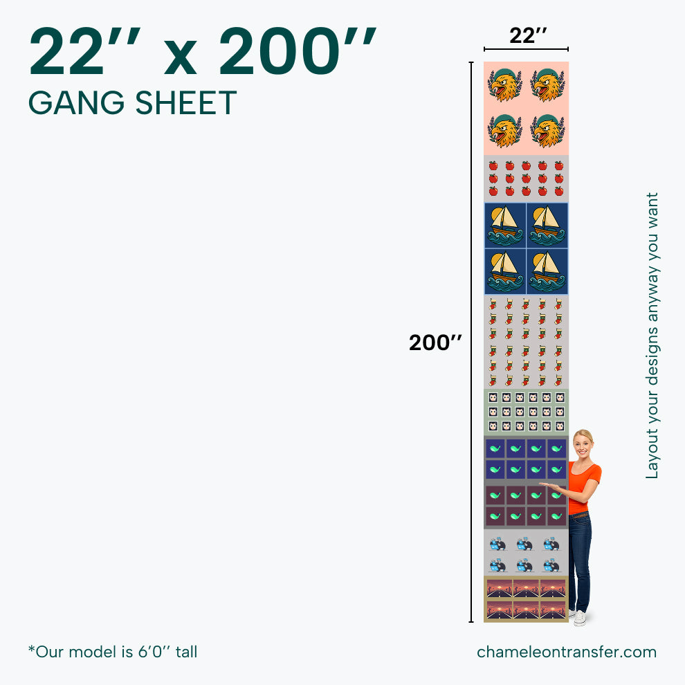 Gang sheet with dimensions 22" x 200" and examples of designs.