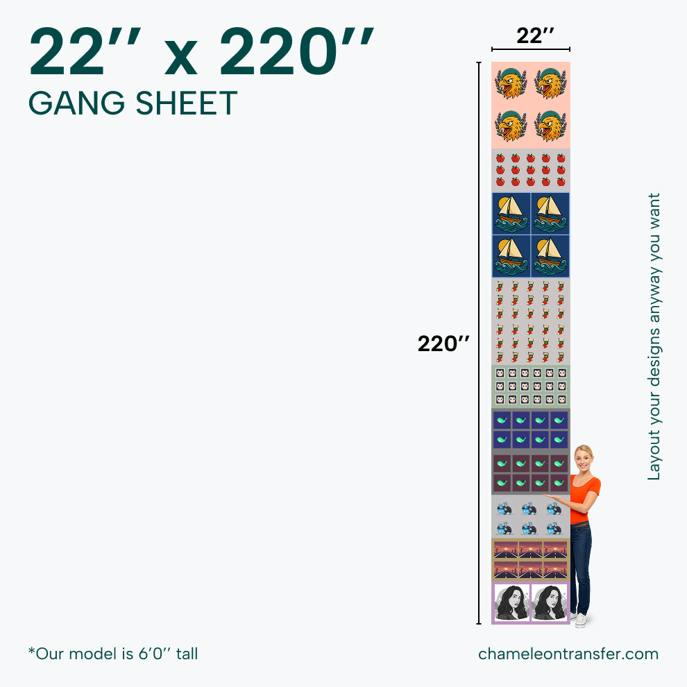 22'' x 220'' gang sheet with colorful designs and a person for scale.
