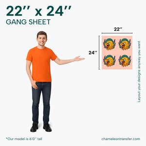 "22'' x 24'' gang sheet with a model height reference and a small sample of a design.