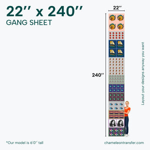 Gang sheet with dimensions 22" x 240" and a person standing next to it for scale.