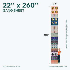 Gang sheet with dimensions 22" x 260" and examples of designs.