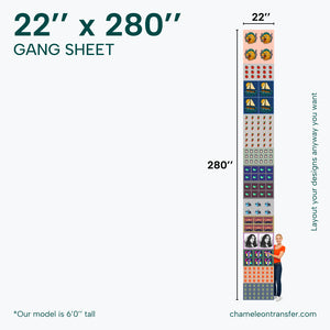 Gang sheet with dimensions 22'' x 280'', featuring various designs.