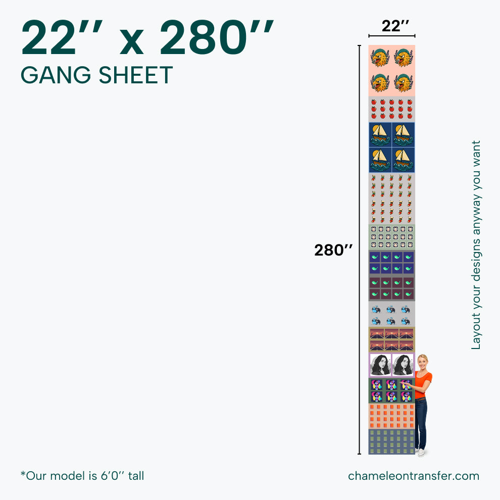 Gang sheet with dimensions 22'' x 280'', featuring various designs.