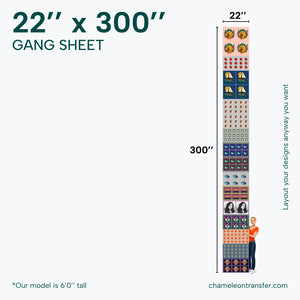 Gang sheet with dimensions 22" x 300" and a person for scale, featuring various designs.