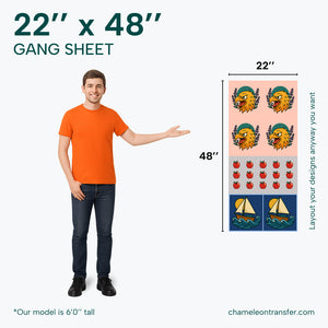 a 'Gang Sheet' with dimensions 22" x 48" and examples of designs.