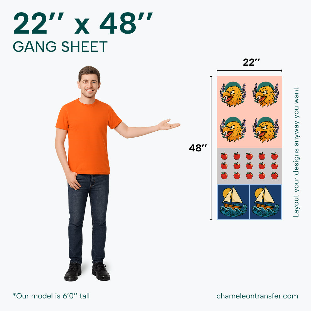 a 'Gang Sheet' with dimensions 22" x 48" and examples of designs.