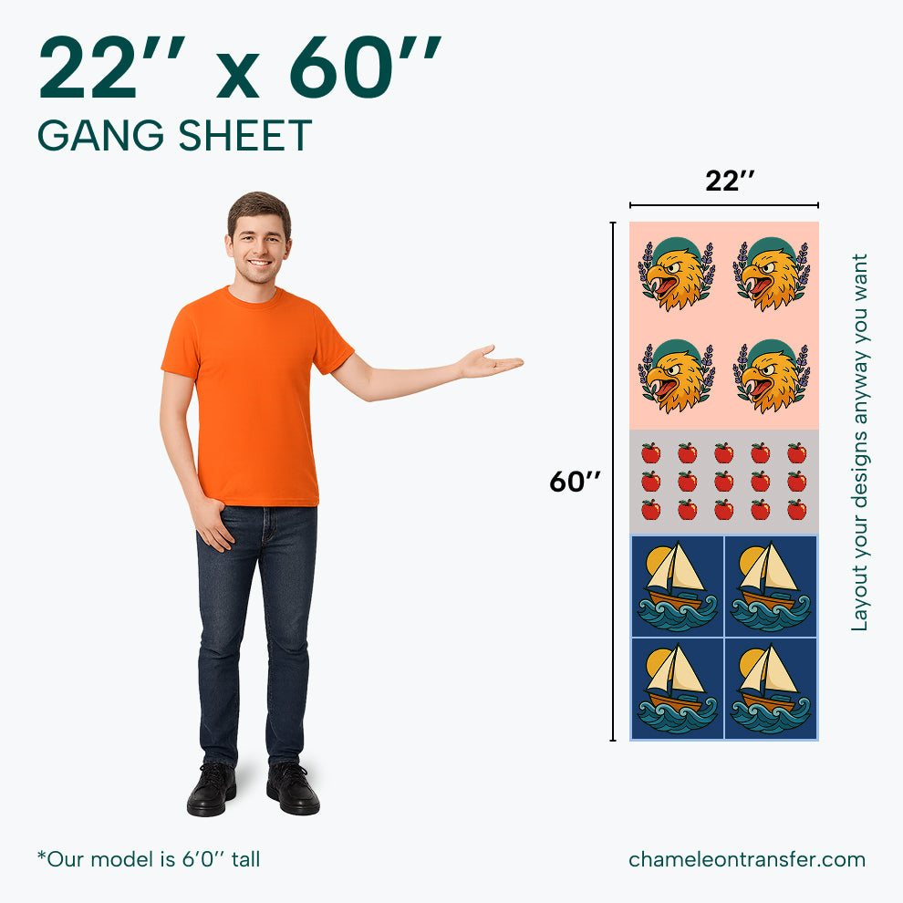 a 22'' x 60'' gang sheet with sample designs on a white background.