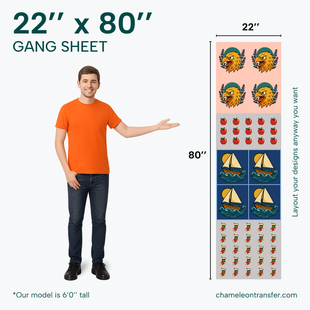 a large sheet with design samples, labeled '22'' x 80'' Gang Sheet'.