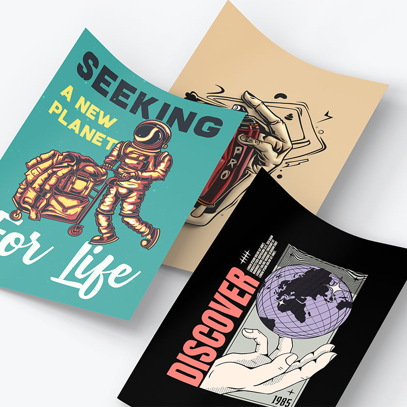 Three vibrant posters with space, graffiti, and globe designs for DTF print inspiration.