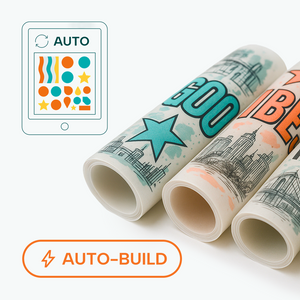 Three rolls of paper with designs and a computer screen showing design.