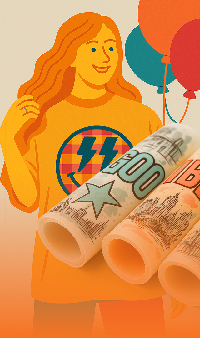 Person wearing a shirt with a superhero design, holding balloons and rolled-up posters.