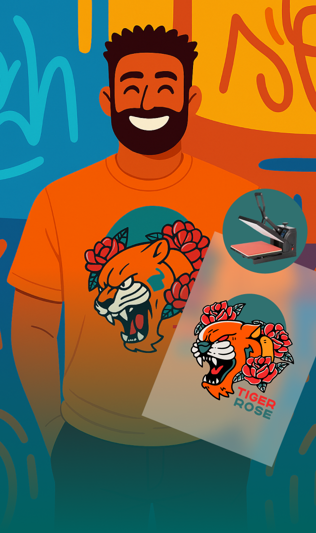 Person wearing an orange t-shirt with a tiger design, holding a printout of the same design against a colorful background.