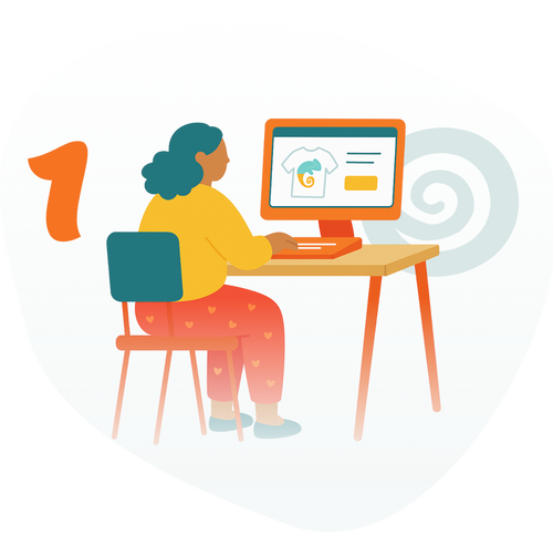 Illustration of a person sitting at a desk with a computer, with the number '1' on an orange background.