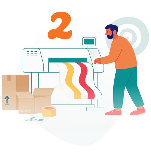 a person using a printer with boxes and paper around, step 2 in process.