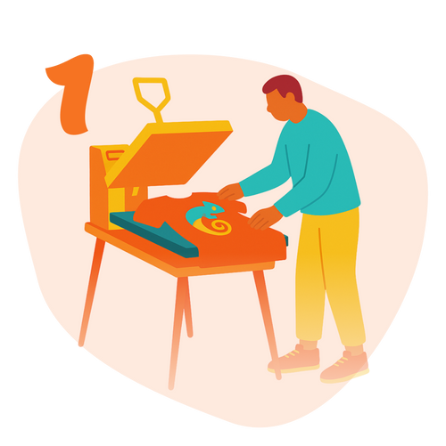 Illustration of a person using a screen printing press with a colorful design.