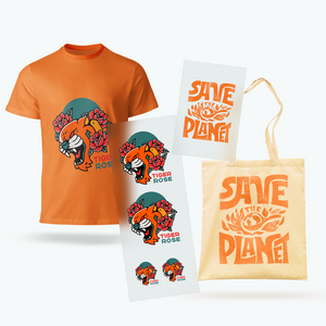 Orange t-shirt with 'Tiger Rose' design and two tote bags with 'Save the Planet' text on a white background