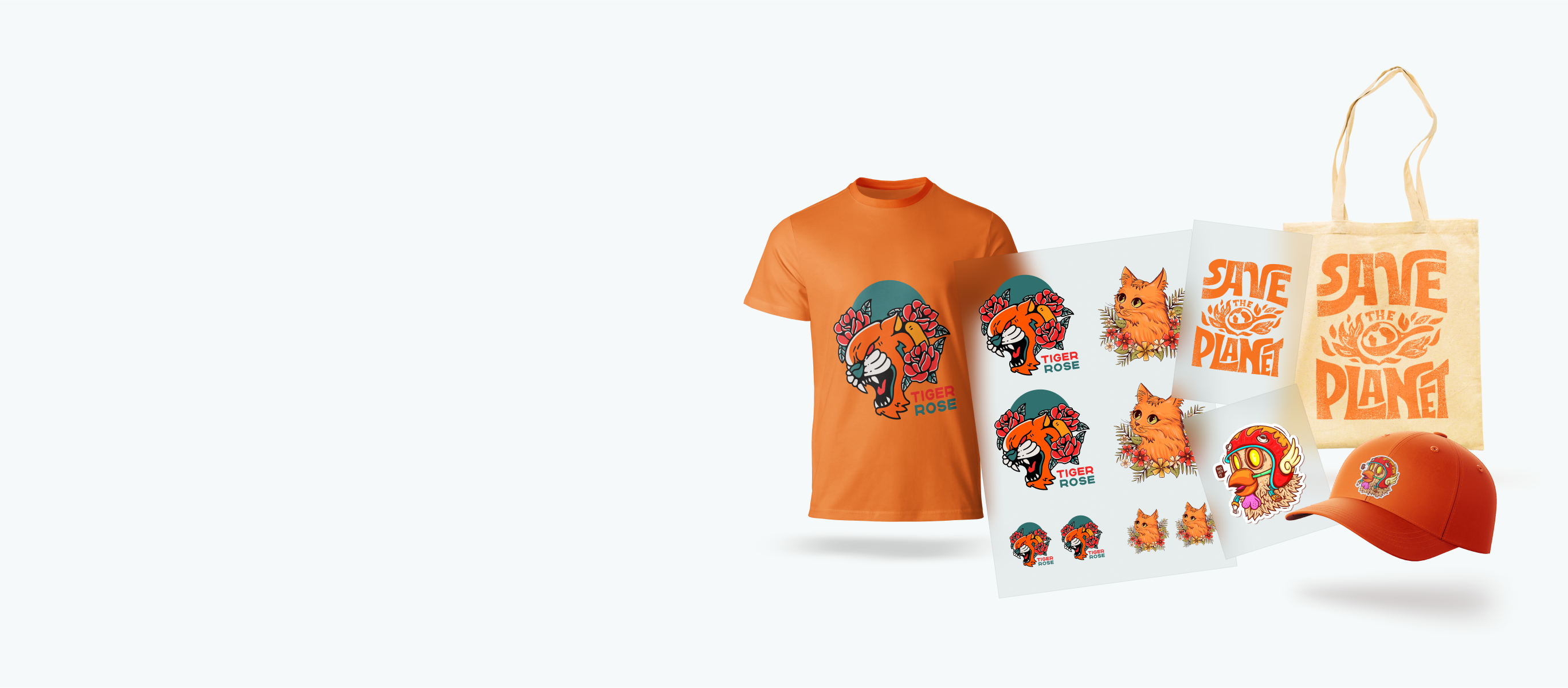 Orange t-shirt, tote bag, and helmet with cartoon character and 'Save the Planet' text on a white background