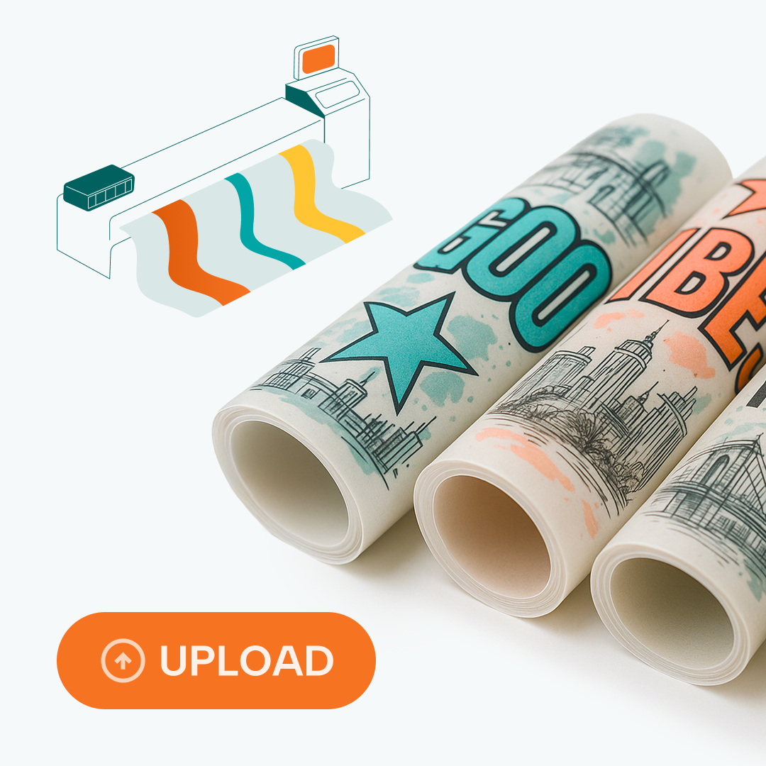 Rolls of money with a printer and colorful ribbons on a white background