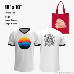 Custom tote bag and t-shirts featuring 10"x10" DTF print size, ideal for large front and back designs with bold and artistic graphics.