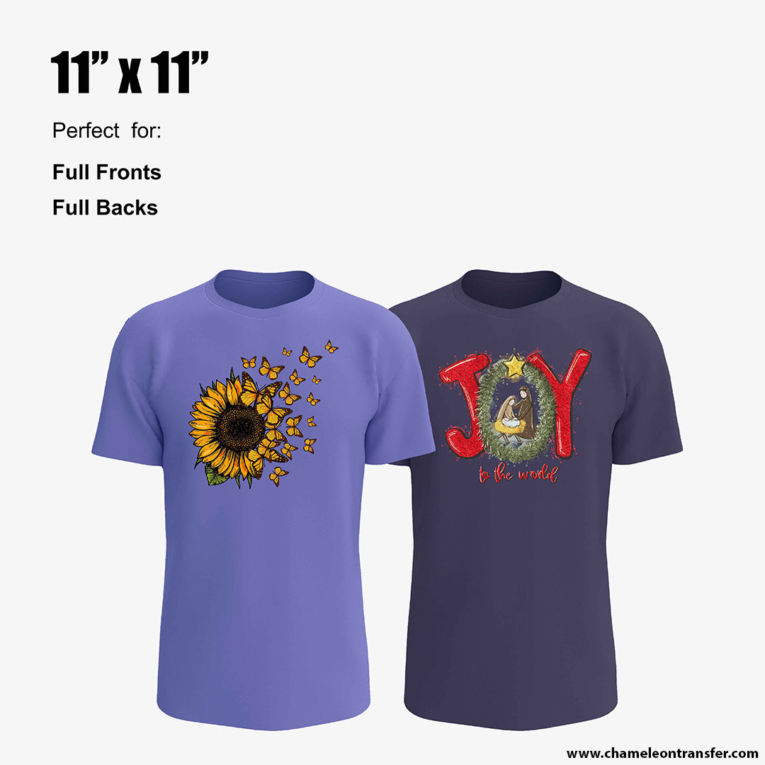 Custom printed t-shirts featuring 11"x11" DTF print size, ideal for full front and back designs with sunflower and holiday graphics.