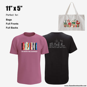 Custom printed t-shirts and tote bag featuring 11"x5" DTF print size, ideal for bag designs, full fronts, and backs.
