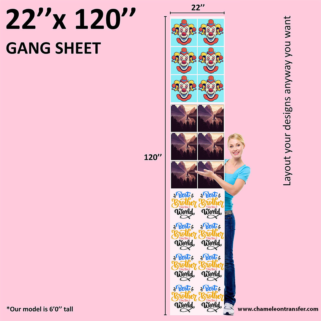 DTF 22x200 inch gang sheet with varied graphic prints, showcasing high-capacity printing potential next to a 6-foot tall person.