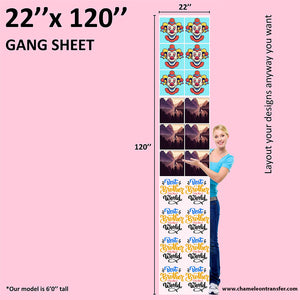 DTF 22x200 inch gang sheet with varied graphic prints, showcasing high-capacity printing potential next to a 6-foot tall person.