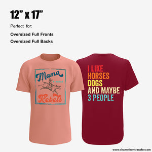 Two custom printed t-shirts showcasing 12"x17" DTF print size, ideal for oversized full front and back designs.