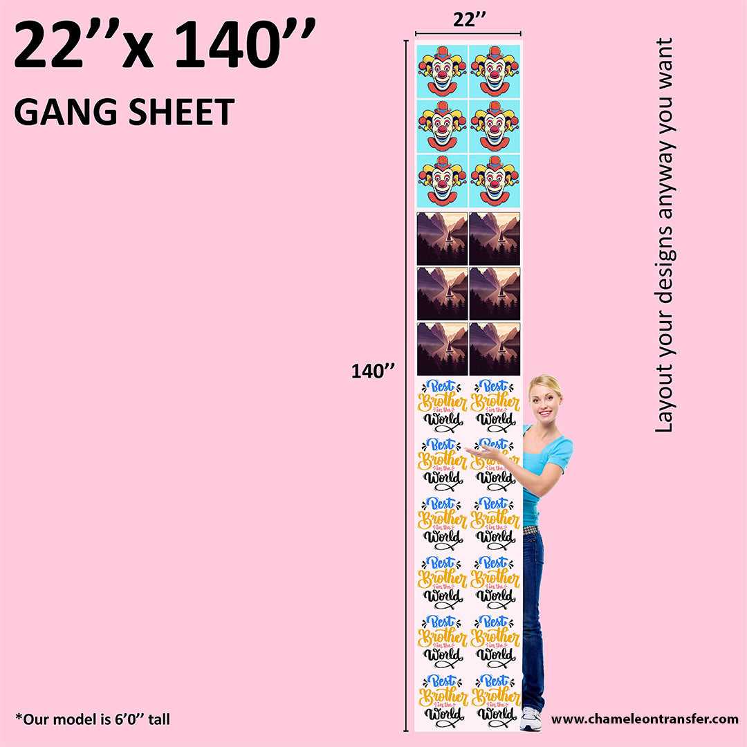 Massive 22x200 gang sheet perfect for printing numerous custom designs, displayed with height reference using a standing model.