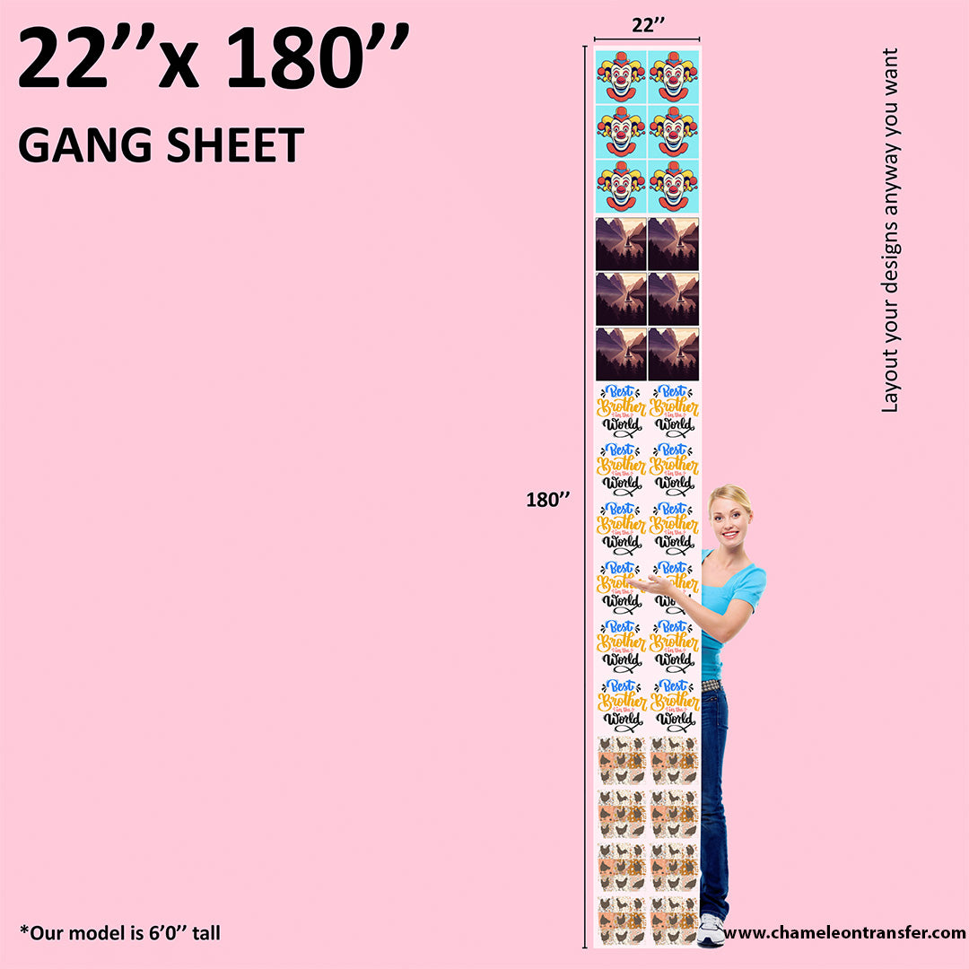 High-capacity DTF gang sheet layout featuring colorful graphics and extended design space for apparel printing.