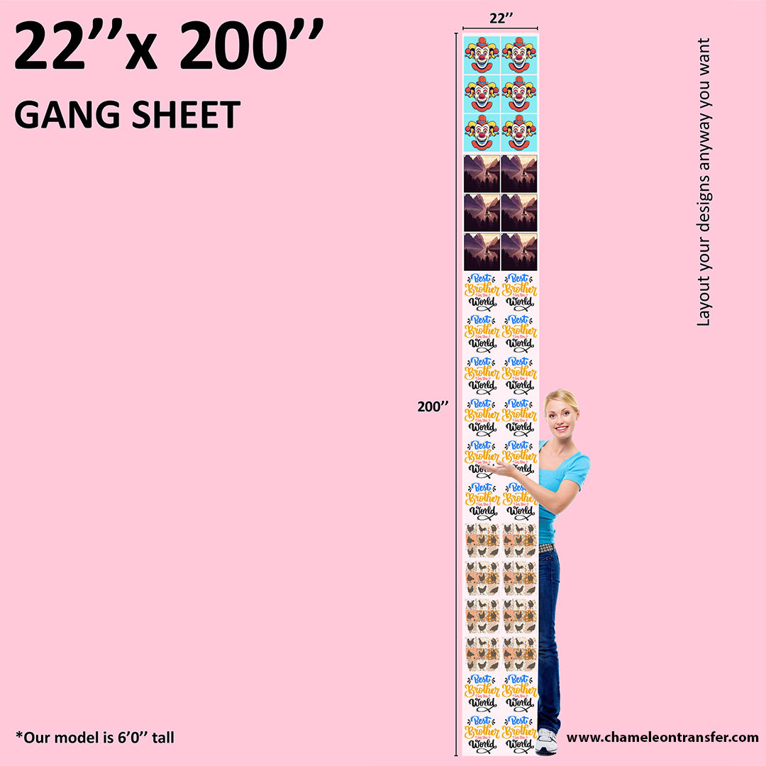 Extra-large 22x200 inch DTF gang sheet with multiple vibrant designs, shown beside a 6-foot model for size comparison.