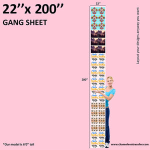 Extra-large 22x200 inch DTF gang sheet with multiple vibrant designs, shown beside a 6-foot model for size comparison.