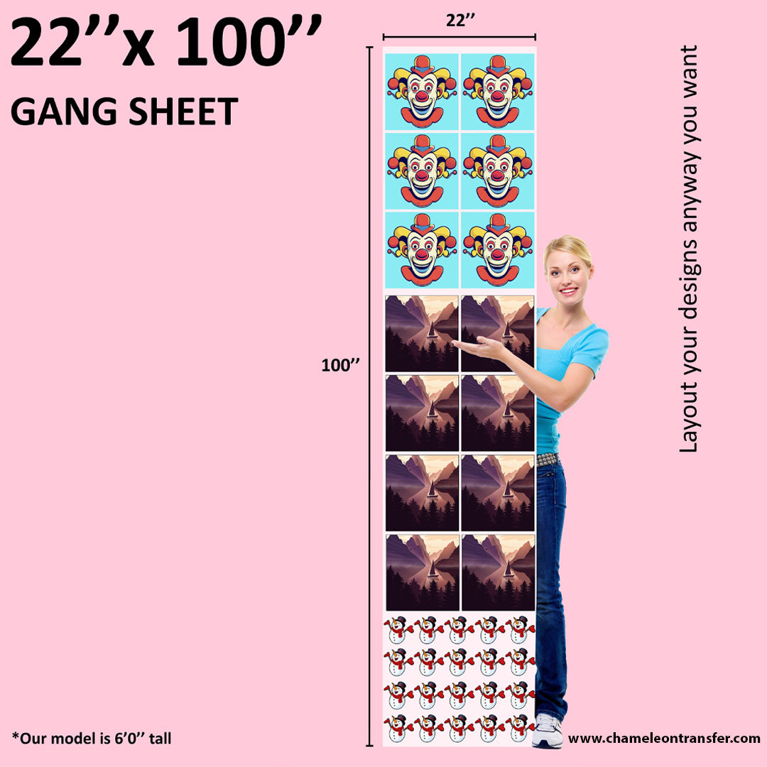 Custom DTF gang sheet sized 22x200 inches with stacked print layouts, ideal for bulk garment decoration.