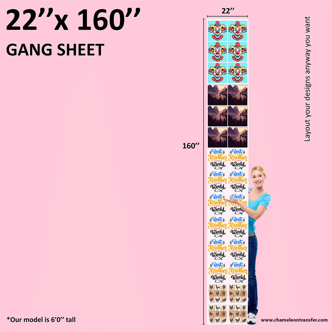DTF transfer gang sheet measuring 22 by 200 inches, featuring colorful artwork and a model for visual scale