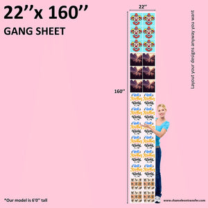 DTF transfer gang sheet measuring 22 by 200 inches, featuring colorful artwork and a model for visual scale