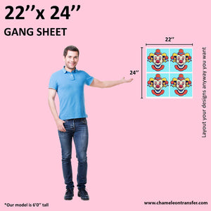 DTF gang sheet for custom clothing designs, measuring 22x48 inches and displayed with a standing male model.