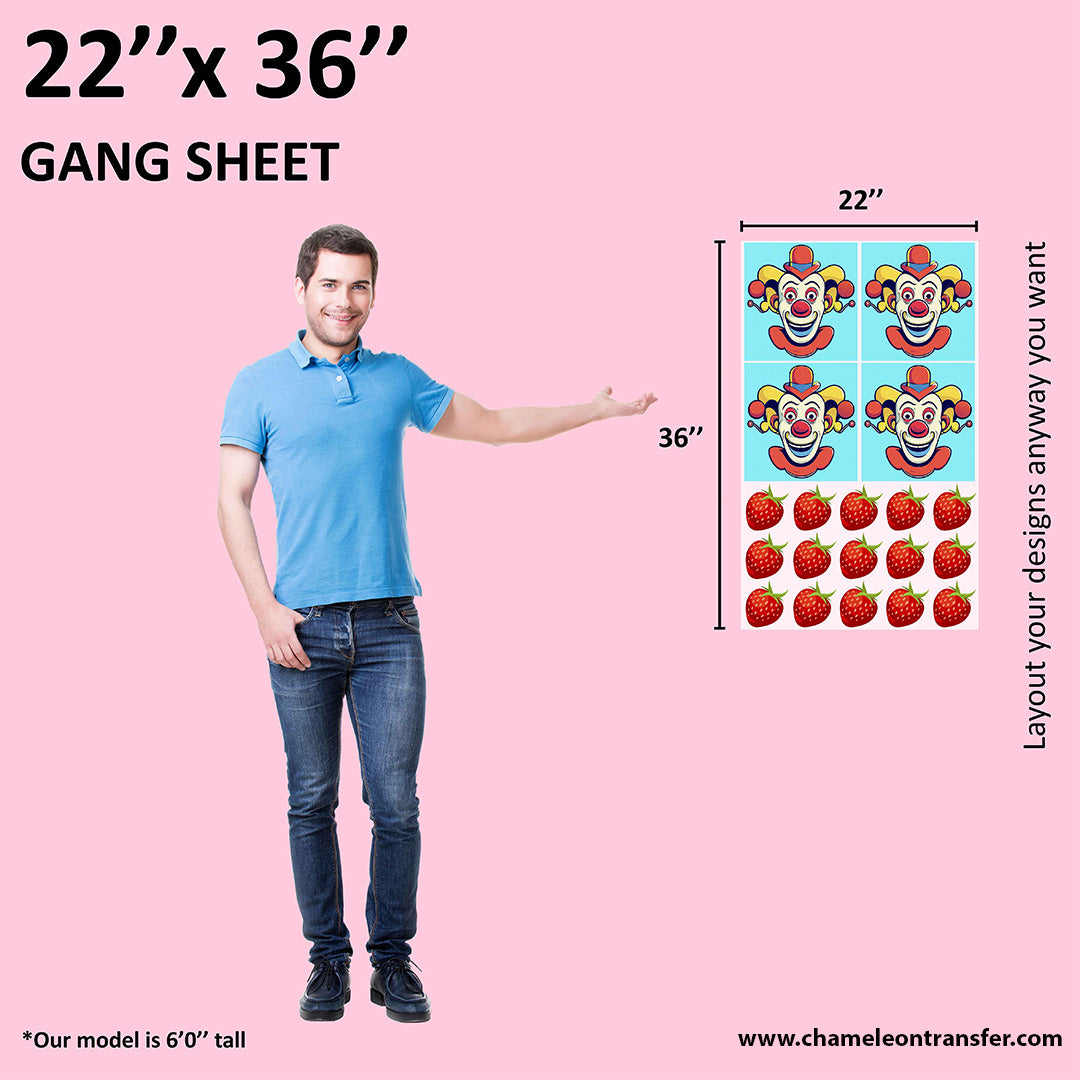 Mid-size DTF transfer gang sheet with sample prints, illustrated with height comparison to a 6-foot tall model.