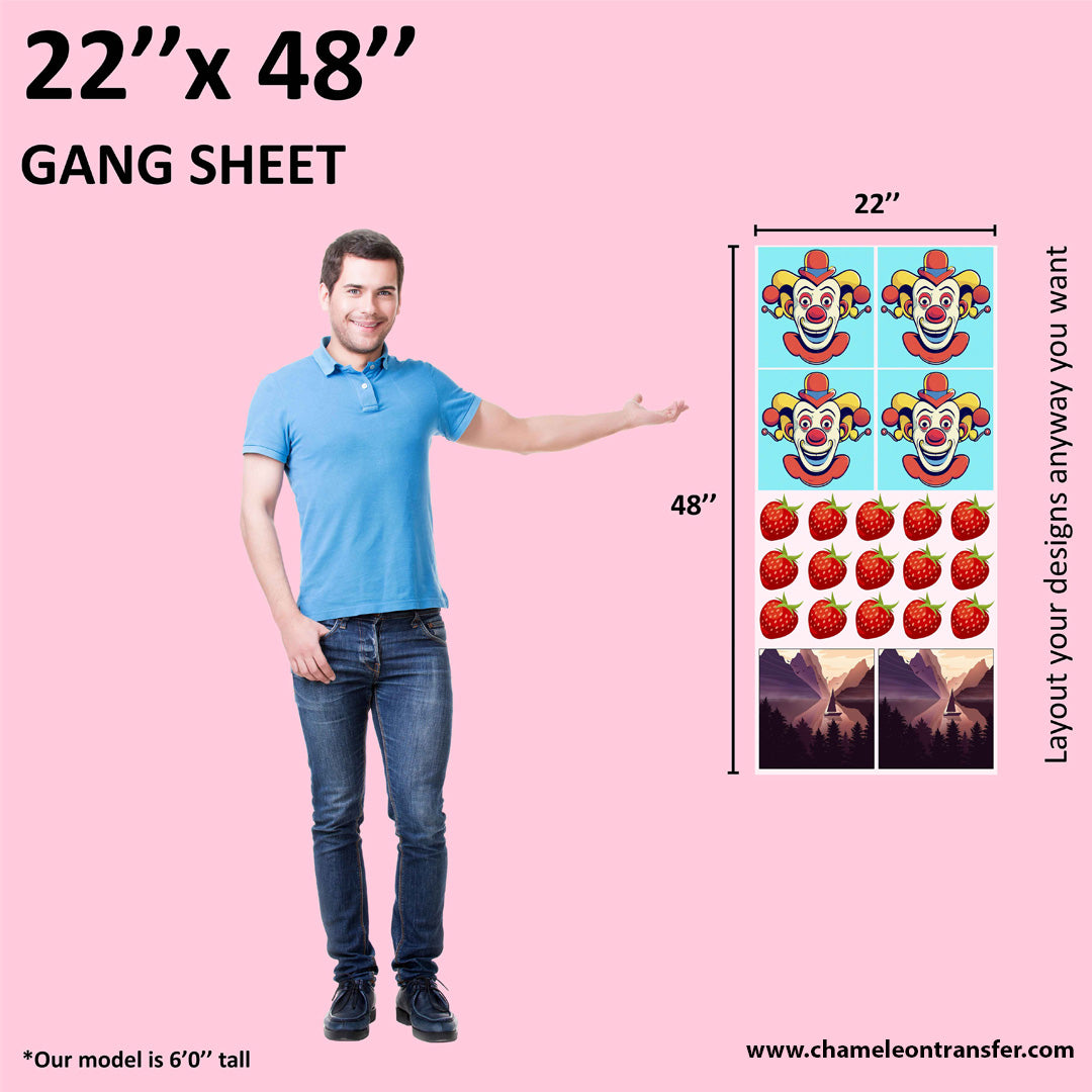 22x48 inch gang sheet with colorful clown, strawberry, and scenic designs shown next to a 6-foot model for scale.