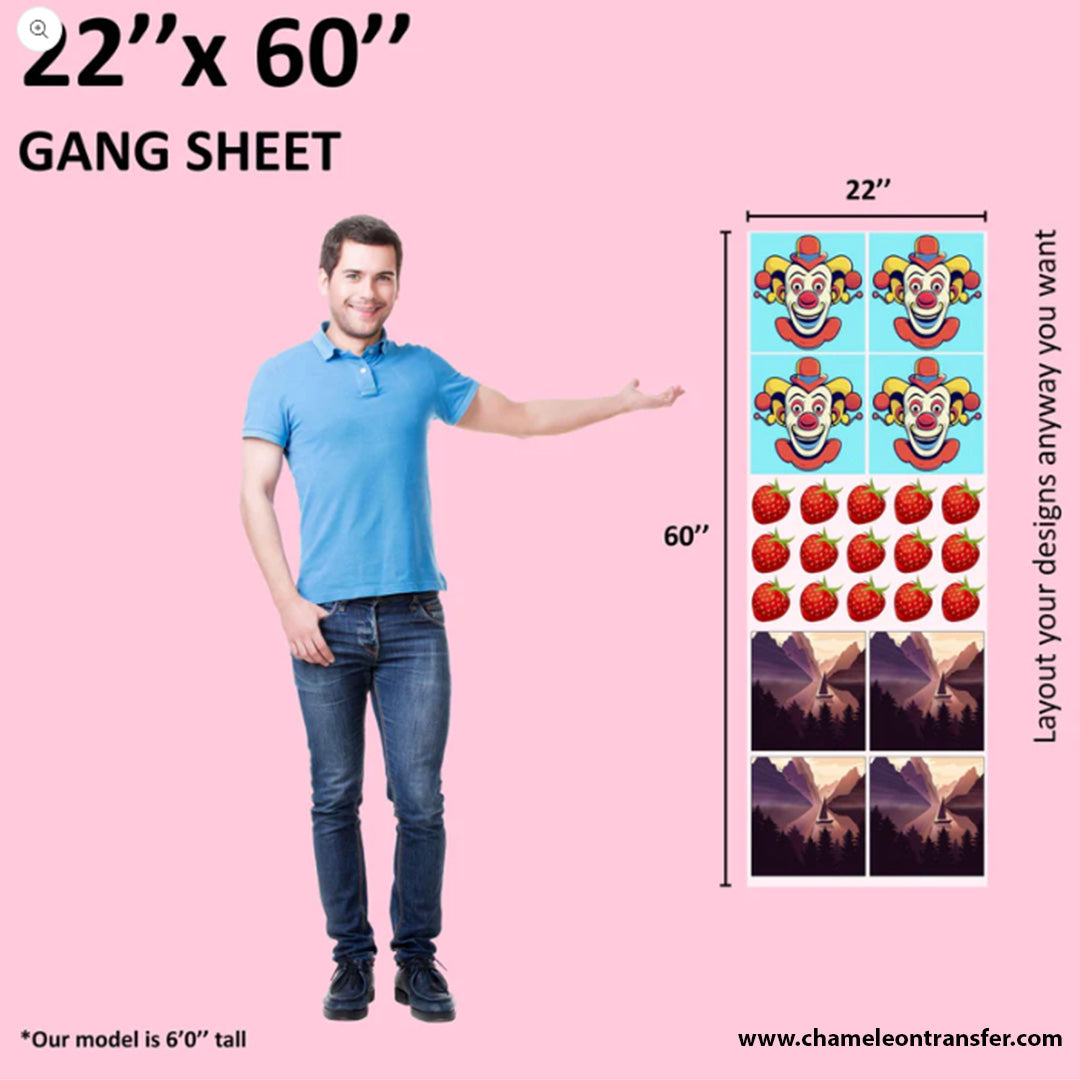 DTF gang sheet measuring 22x60 inches with custom clown, fruit, and scenic designs next to a 6-foot model for scale.
