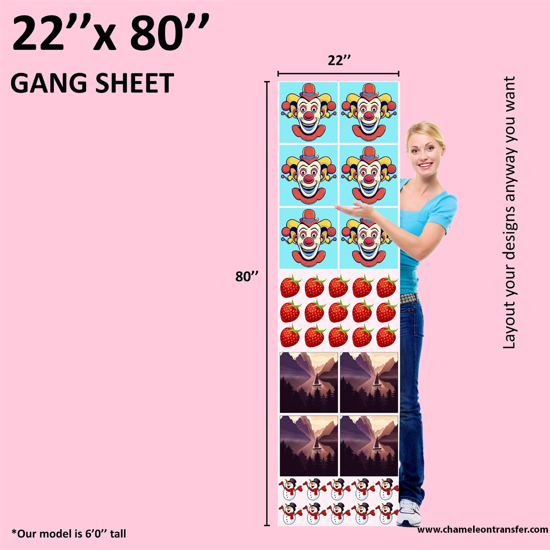 Tall DTF gang sheet for heat transfers, measuring 22 inches wide and 200 inches long, perfect for maximizing design space.
