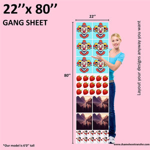 Tall DTF gang sheet for heat transfers, measuring 22 inches wide and 200 inches long, perfect for maximizing design space.
