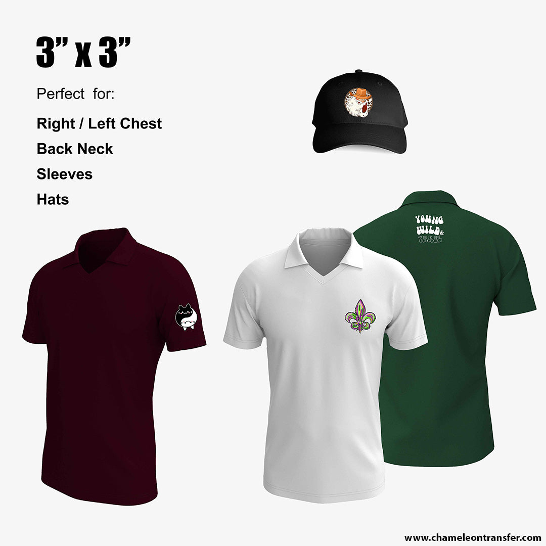 Polo shirts and hat featuring 3"x3" DTF prints, perfect for chest, back neck, sleeves, and cap branding.