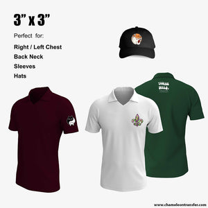 Polo shirts and hat featuring 3"x3" DTF prints, perfect for chest, back neck, sleeves, and cap branding.